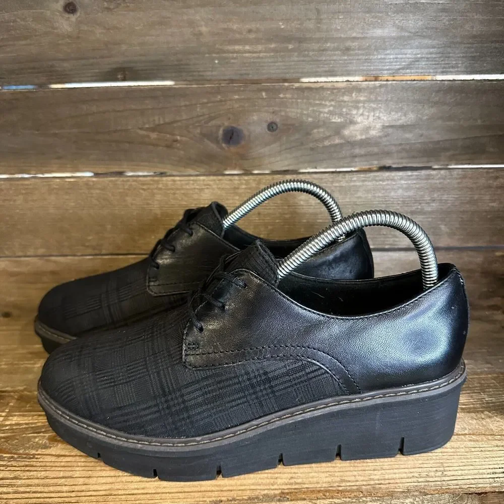 Womens Clarks‎ Airabell Ultimate Plaid Black Platform Wedges Oxfords Size 8.5 M